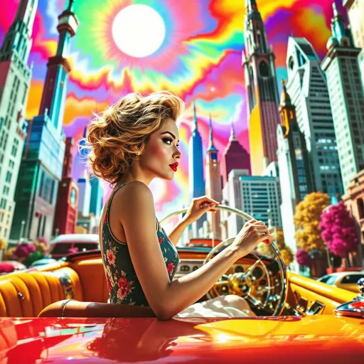 Prompt: Mujer con vestido ajustado conduciendo un coche años 50 psicodelia  en una ciudad surrealista sol radiante multicolor
