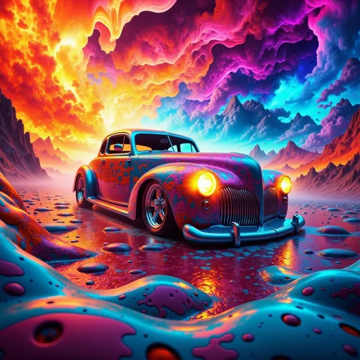 Prompt: Perspective of hot rod flames car background perspective 