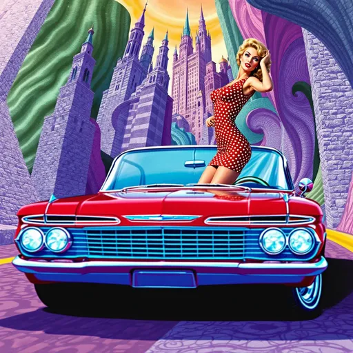 Prompt: Mujer con vestido ajustado conduciendo un coche años 50 psicodelia  en una ciudad surrealista sol radiante multicolor

