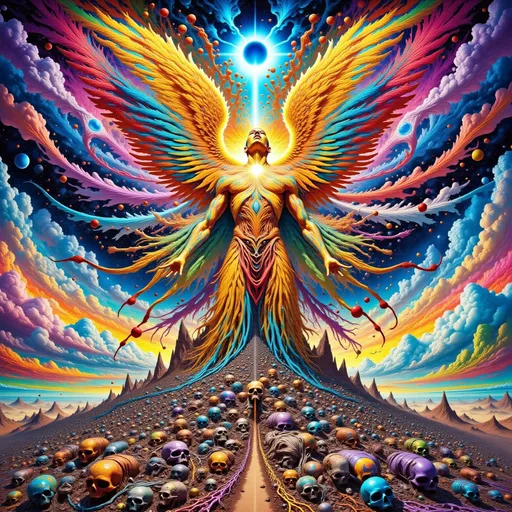 Prompt: Golden Angel over a pile of dead soldiers