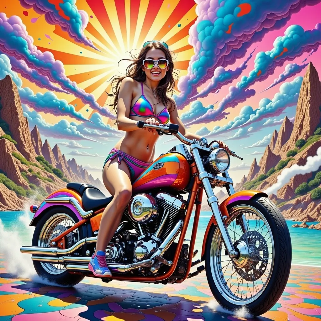 Prompt: Mujer con bikini conduciendo una moto chopper de los años 70 con pintura psicodelia fondo ciudad surrealista sol radiante