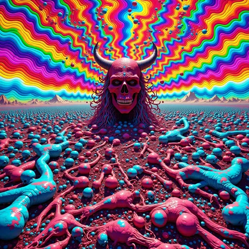 Prompt: Red devil over a pile of dead soldiers