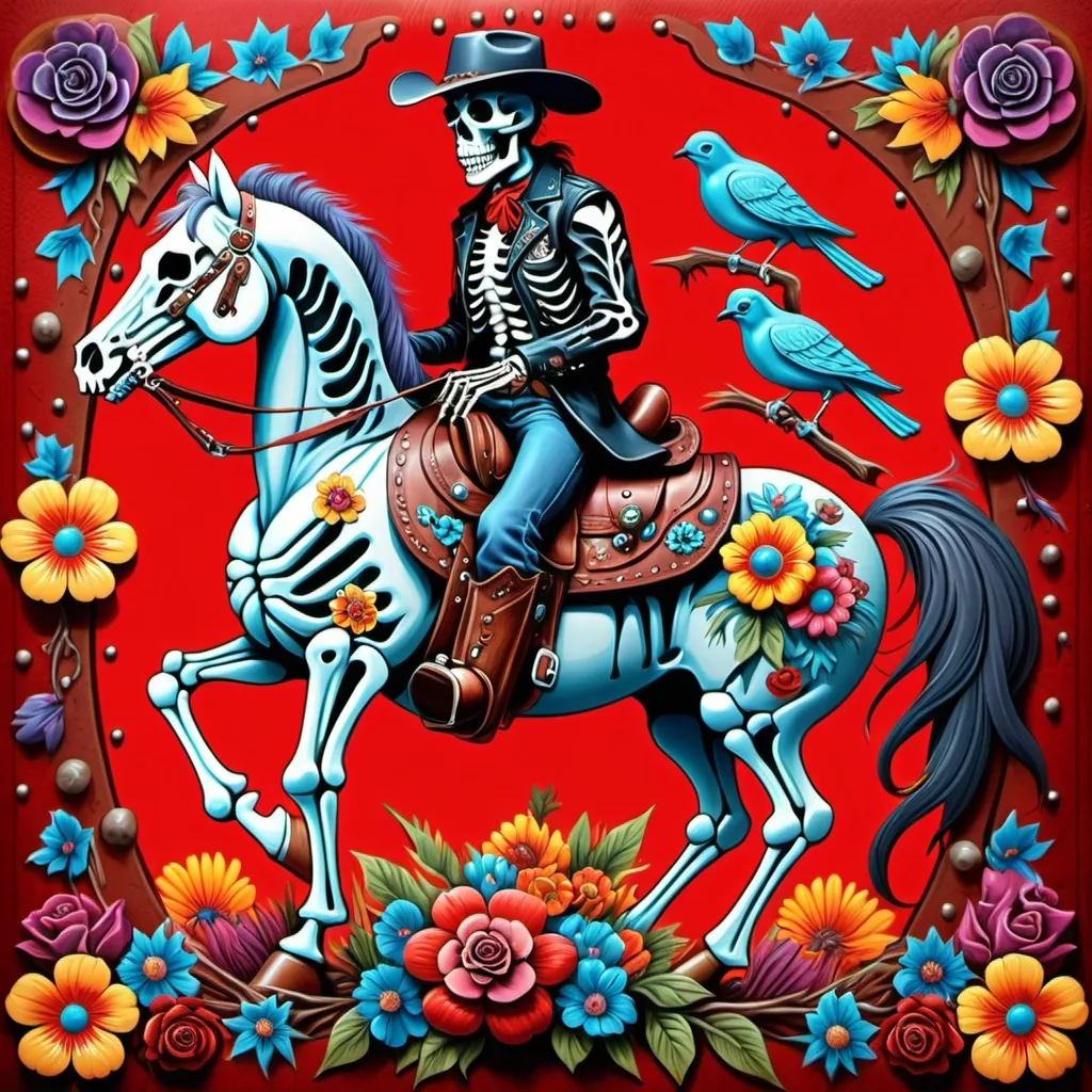 Prompt: Skeleton western cowboy dress leather and metal rivets

Mounted on a red horse

Psychedelic background multicolored skulls multicolored flowers and birds