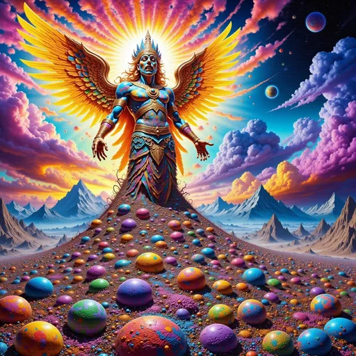 Prompt: Golden Angel over a pile of dead soldiers
