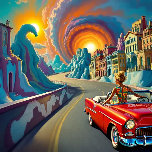 Prompt: Mujer con vestido ajustado conduciendo un coche años 50 psicodelia  en una ciudad surrealista sol radiante multicolor

