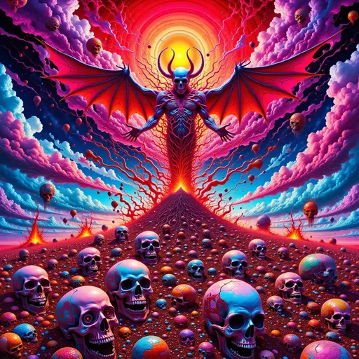 Prompt: Red devil over a pile of dead soldiers and skulls