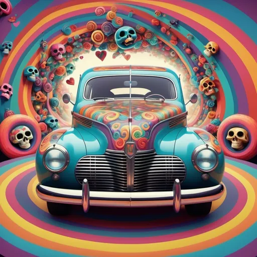 Prompt: 1940s vintage car set in a psychedelic spiral perspective with vibrant multicolored skulls and hearts, surrounded by swirling patterns and a surreal, dreamlike environment.