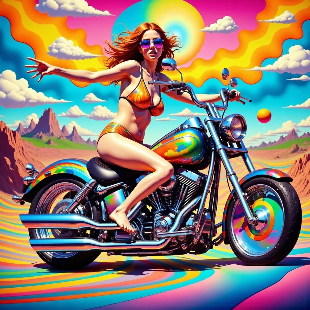 Prompt: Mujer con bikini conduciendo una moto chopper de los años 70 con pintura psicodelia fondo ciudad surrealista sol radiante