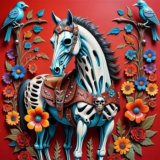 Prompt: Skeleton western cowboy dress leather and metal rivets

Mounted on a red horse

Psychedelic background multicolored skulls multicolored flowers and birds