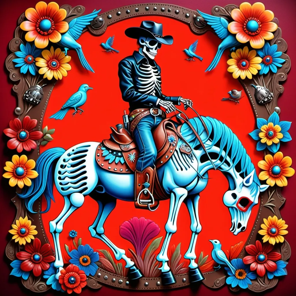 Prompt: Skeleton western cowboy dress leather and metal rivets

Mounted on a red horse

Psychedelic background multicolored skulls multicolored flowers and birds