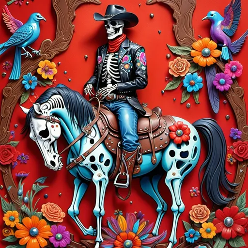 Prompt: Skeleton western cowboy dress leather and metal rivets

Mounted on a red horse

Psychedelic background multicolored skulls multicolored flowers and birds