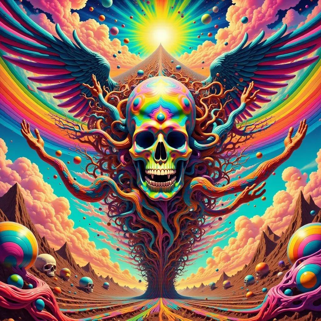 Prompt: Perspective of skulls background perspective espiral golden angels