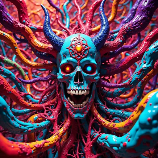 Prompt: Red devil and skull chaos given form by form in a state of chaos.