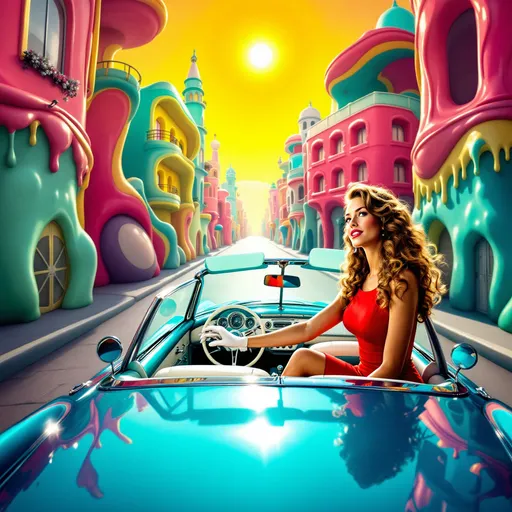 Prompt: Mujer con vestido ajustado conduciendo un coche años 50 psicodelia  en una ciudad surrealista sol radiante multicolor
