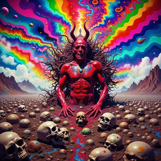 Prompt: Red devil over a pile of dead soldiers