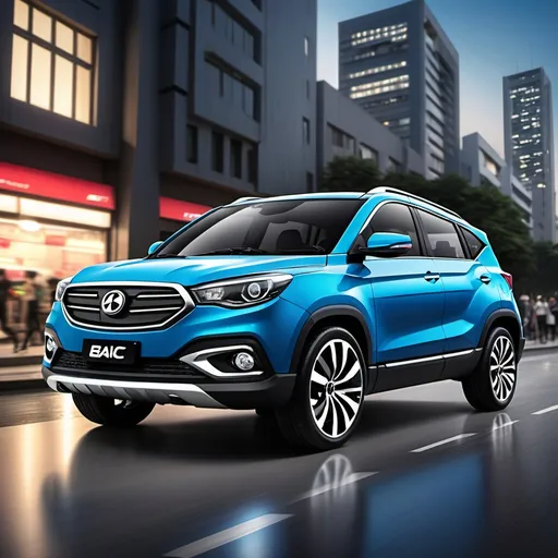 Prompt: (Entry-level SUV), featuring (Baic logo), sleek exterior design, modern and sporty aesthetics, vibrant and glossy finish, dynamic atmosphere, set against an urban background, showcasing city life, evening twilight lighting, emphasizing chrome details and stylish wheel designs, high-quality and ultra-detailed, captivating perspective.