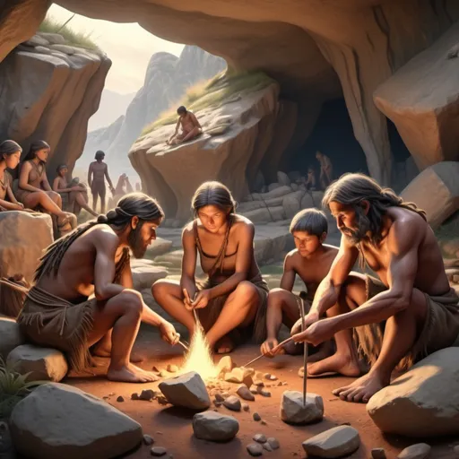 Prompt: (prehistoric cave dwellers), (Paleolithic scene), individuals crafting stone tools, sewing clothes with bone needles, creating fire, strong sense of family bonds, (warm earthy tones), (realistic details), rocky landscape in background, vibrant surroundings, (nature ambiance), (4K, ultra-detailed), embodying group living in an ancient era.