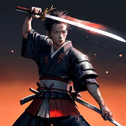 Prompt: Samurai young man in japan village with 2 sword