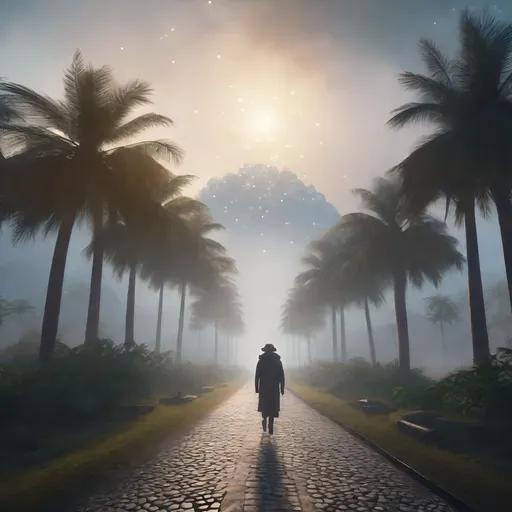 Prompt: a mysterious cobblestone road with intricate angelic beings hovering palm trees, high quality, unreal engine, foggy, dramatic fantasy scene, cinematic lighting, souls of people in the sky, angels walking from foreground to background in hyper photorealistic, uhd, perfect detail, 80's cosmic editorial illustration