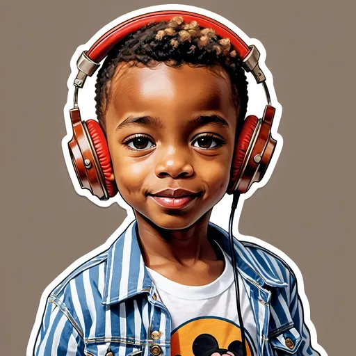 Prompt: (((A 2D american nubian boy with anthropomorphic body like 'Nibbles' from Tom & Jerry cartoon, wearing large hi-fi brown leather headphones, vintage american blue jeans, and 90's era white sneakers; young boy's belly-button and tummy is exposed under his red, white and blue striped shirt.))) Image must be highly detailed, with flat 2D expensive illustrated coloring, exotic and rare. Important for boy to be centered in frame with perfect symmetrical lines. (((Boy is in focus, foreground.))) Must have white background surrounding boy's silhouette edges. The lighting is subtle, casting gentle highlights on the boy's design and emphasizing delicate details and natural beauty.