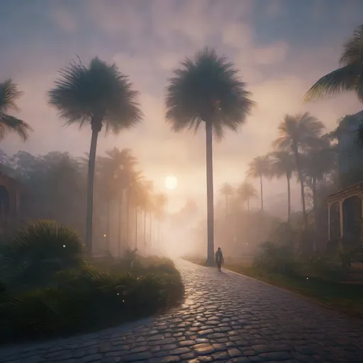 Prompt: a mysterious cobblestone road with intricate angelic beings hovering palm trees, high quality, unreal engine, foggy, dramatic fantasy scene, cinematic lighting, souls of people in the sky, angels walking from foreground to background in hyper photorealistic, uhd, perfect detail, 80's cosmic editorial illustration