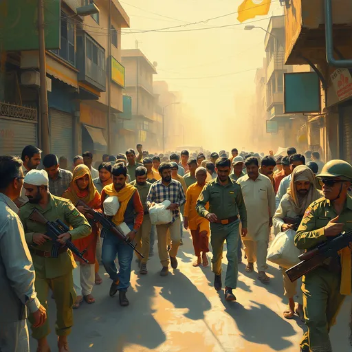 Prompt: Picture a busy street in Lahore during the 1965 India-Pakistan war, bathed in warm, golden light. Citizens are actively supporting and assisting Pakistan Army soldiers. People are bringing supplies, tending to the needs of the soldiers, and showing solidarity. The scene is filled with movement and emotion, captured with soft, textured brushstrokes.