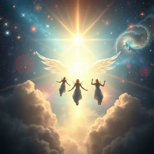 Prompt: Let's create a mesmerizing image of souls traveling to heaven, crossing the galaxies. Imagine a cosmic journey through a vibrant, starlit universe, with ethereal beings gracefully moving towards a radiant, heavenly light. The scene captures the beauty and mystery of this otherworldly voyage.