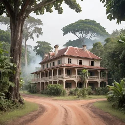 Prompt: A French colonial family house in a jungle with a dusty road. The hotel has some fire trees in the surrounding garden