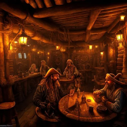 Prompt: Highly detailed HDR painting interior of an old tavern by the sea.  2 pirates sit at one of the tables drinking. It is warm and cozy.  There are various lanterns and barrels adorning the walls.  It is a rather larger tavern.  There are several tables inside the tavern.   