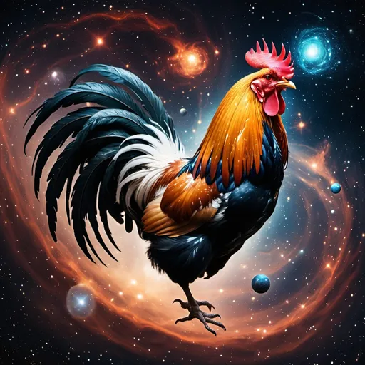 Prompt: rooster flying in the universe