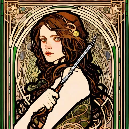 Prompt: A portrait in the style of Mucha. A woman with copper wavy hair and hazel eyes holding a pen and a sword Very rich and art nouveau background colorful like stained glass
Vertical format