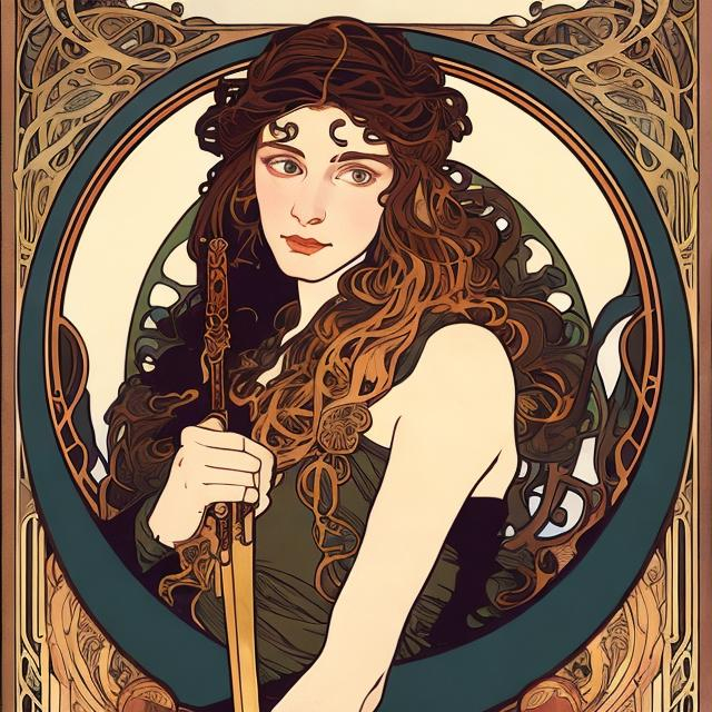 Prompt: A portrait in the style of Mucha. A woman with copper wavy hair and hazel eyes holding a pen and a sword
Very rich and art nouveau background
Portrait format
