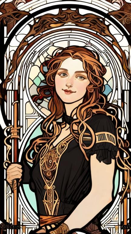 Prompt: A portrait in the style of Mucha. A woman with copper wavy hair and hazel eyes holding a sword
Very rich and art nouveau circle in the background colorfull stained glass
confident smile
only buste and face
White ancient greece dress
