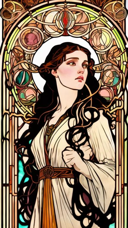 Prompt: A portrait in the style of Mucha. A woman with copper wavy hair and hazel eyes holding a sword
Very rich and art nouveau circle in the background colorfull stained glass
confident 
only buste and face
White ancient greece dress
