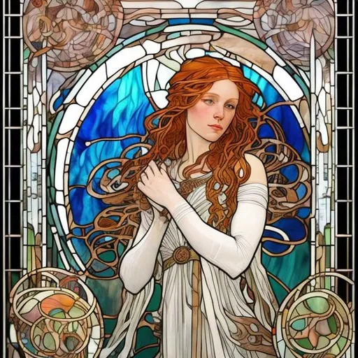 Prompt: mucha painting
Copper hair woman wavy hair hazel eyes she is holding a medieval white
white tunic
circles around her made of stained glass
nouvel art