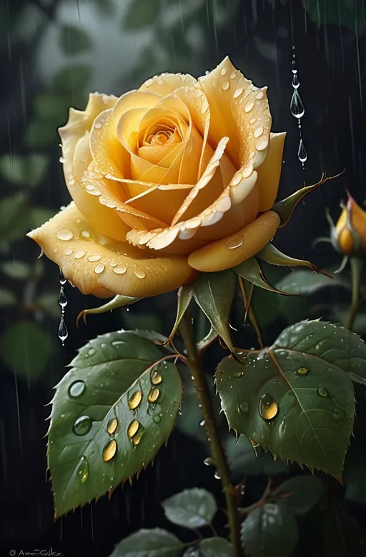 Prompt: a yellow rose with rain drops on it's petals and leaves in the foreground, with a dark background, Anne Stokes, gothic art, rain, a picture