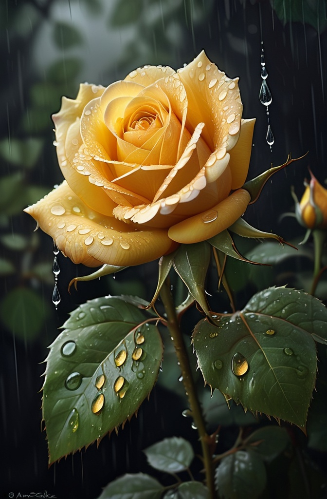 Prompt: a yellow rose with rain drops on it's petals and leaves in the foreground, with a dark background, Anne Stokes, gothic art, rain, a picture