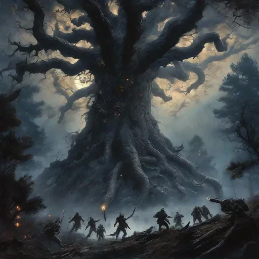 Prompt: hyper realistic image, apocalypse era, man running surprised by five dark humanoid wisp ambush from top of the tree attack in the deep dark forest at starry night, detailed expression, detailed hands, detailed clothes, dust and fog, dagger and swords