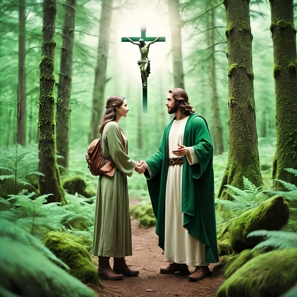 Prompt: modern adventurer man and woman meet jesus in old forest green tone