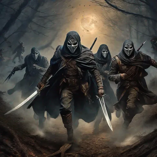 Prompt: hyper realistic image, apocalypse era, man running surprised by five dark masked rogue assasin ambush coming out from earth attack in the deep dark forest at starry night, detailed expression, detailed hands, detailed clothes, dust and fog, dagger and swords