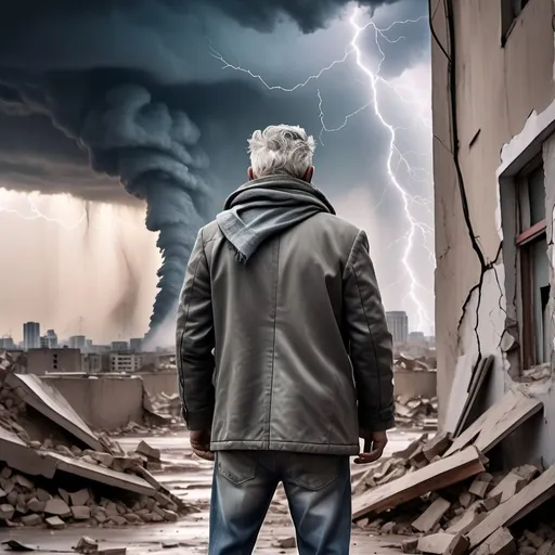 Prompt: behind view, lifting up a small trophy with right hand, realistic photo of grey haired man wearing apocalypse ragged outfit and dirty scarf standing on a cracked wall raging storm in the devastated city background, strong wind and thunder strike, lightning, dry land, dust, apocalypse tone