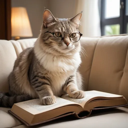 Prompt: Imagine a cat with soft gray fur sitting comfortably on a cream-colored cotton couch. The couch is upholstered with cozy cushions in warm colors like beige and brown, adding a touch of luxury and comfort.

The cat is holding an open book in its right paw. The book looks slightly old, with a brown leather cover and yellowed pages. The cat wears small, thin-rimmed metal glasses perched on its nose, giving it a more serious and contemplative appearance.

The cat is sitting upright, with its back straight, as if it's about to jot down notes or have a new idea. The lighting around it is soft and soothing, with warm light coming from a lamp next to the couch, creating a calm and ideal atmosphere for reading and thinking.