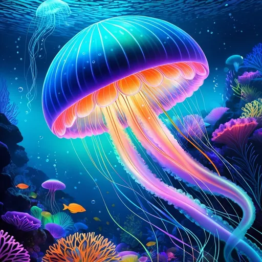 Prompt: Vibrant underwater illustration of bioluminescent jellyfish, iridescent color-changing glow, ethereal and dreamy, detailed tentacles with intricate patterns, high quality, digital art, bioluminescent, dreamy, underwater, vibrant colors, iridescent glow, detailed tentacles, oceanic fantasy, professional, atmospheric lighting