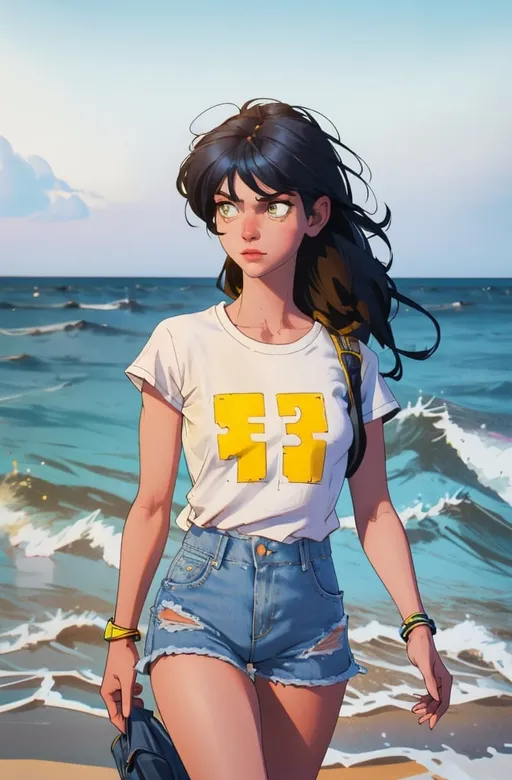 Prompt: a woman walking on the beach wearing a white shirt and denim shorts with a yellow and blue logo on it, Christian Hilfgott Brand, superflat, spectacular quality, a character portrait