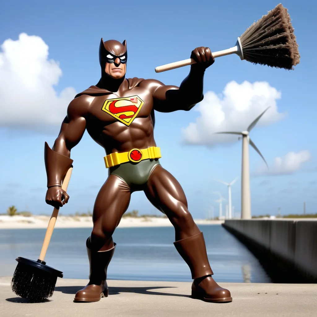 Prompt: a superhero known as drainman in a dynamic pose equiped with a toilet brush in a brown suit  near a sewage outlet pipe near the sea with a  florida backdrop
