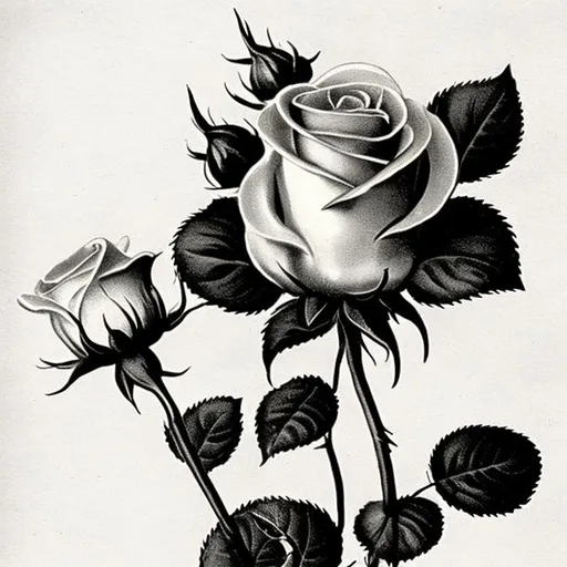 Prompt: a black and white vintage drawing of a single button rose with one long  stem. need to see the stem , dark,logo