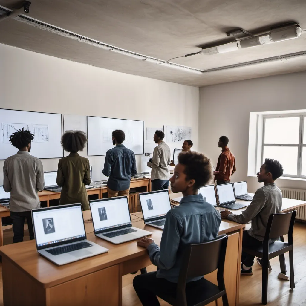 Prompt: a group of people standing in a room with laptops on desks and a speaker on the wall, Afewerk Tekle, academic art, dynamic composition, a stock photo