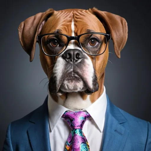 Prompt: boxer dog in suit with glasses and trippy tie

