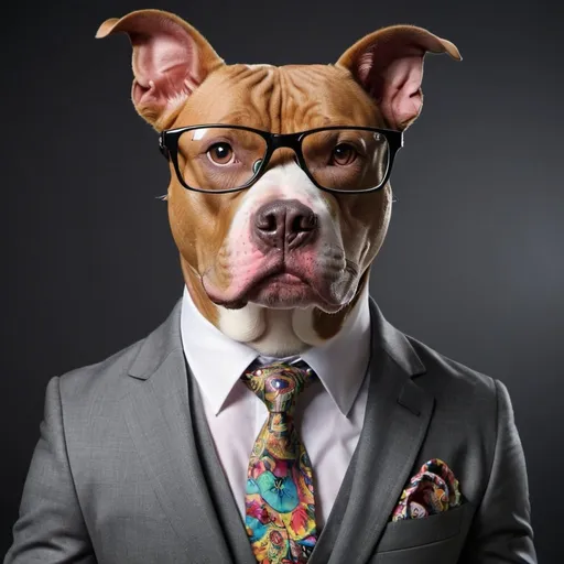 Prompt: trippy pit bull in suit with glasses