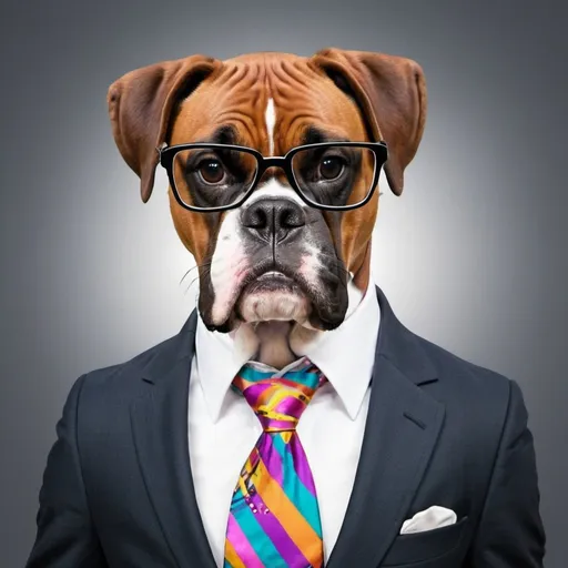 Prompt: boxer dog in suit with glasses and trippy tie


